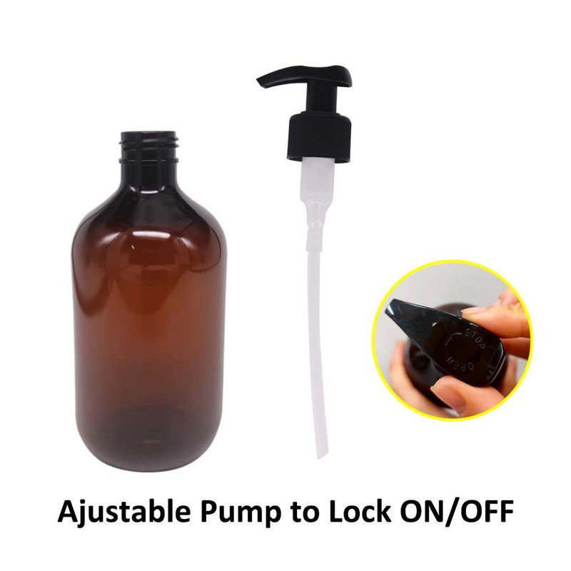 zmybcpack 4 Pack 16 OZ Empty Plastic Pump Lotion Bottles with 1 Pen, Labels & Silicone Funnel, Amber Color Lotion Dispenser With Locking Pump for Body Wash, Shampoo, Massage Lotion, Gel - Image 4